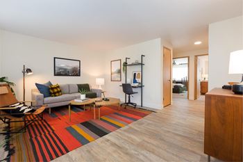 A living room with a grey couch, a chair, a coffee table, and a rug.